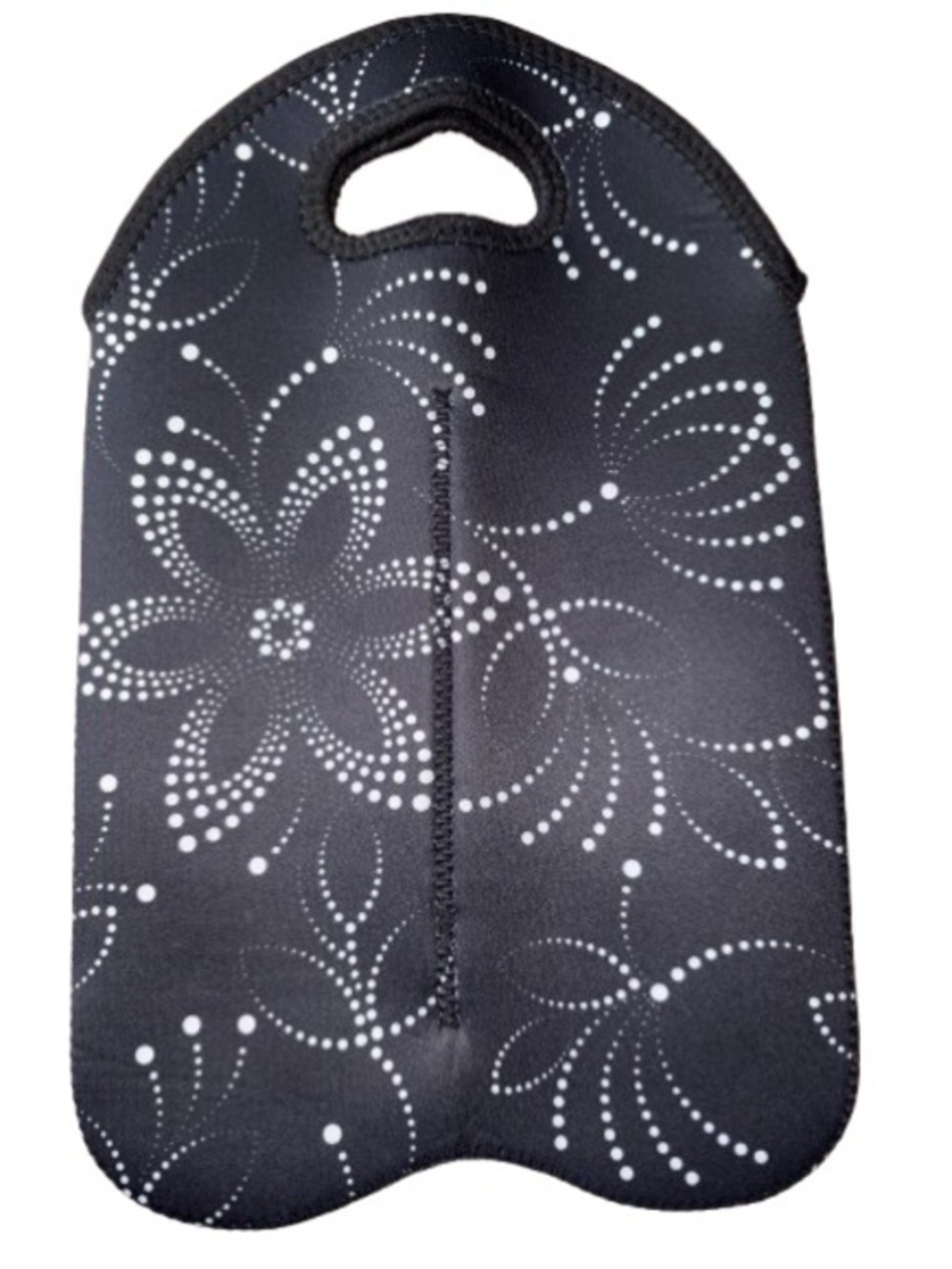 Hipiwe Black Floral Neoprene wine bottle Tote with White Dot Floral Pattern